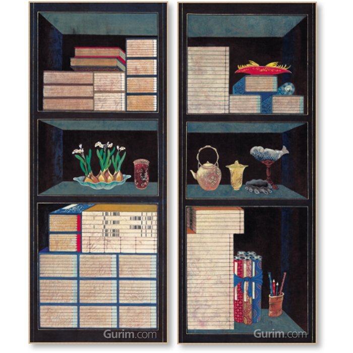 민화가인 - 책가도 2폭 세트 (양파&물고기)