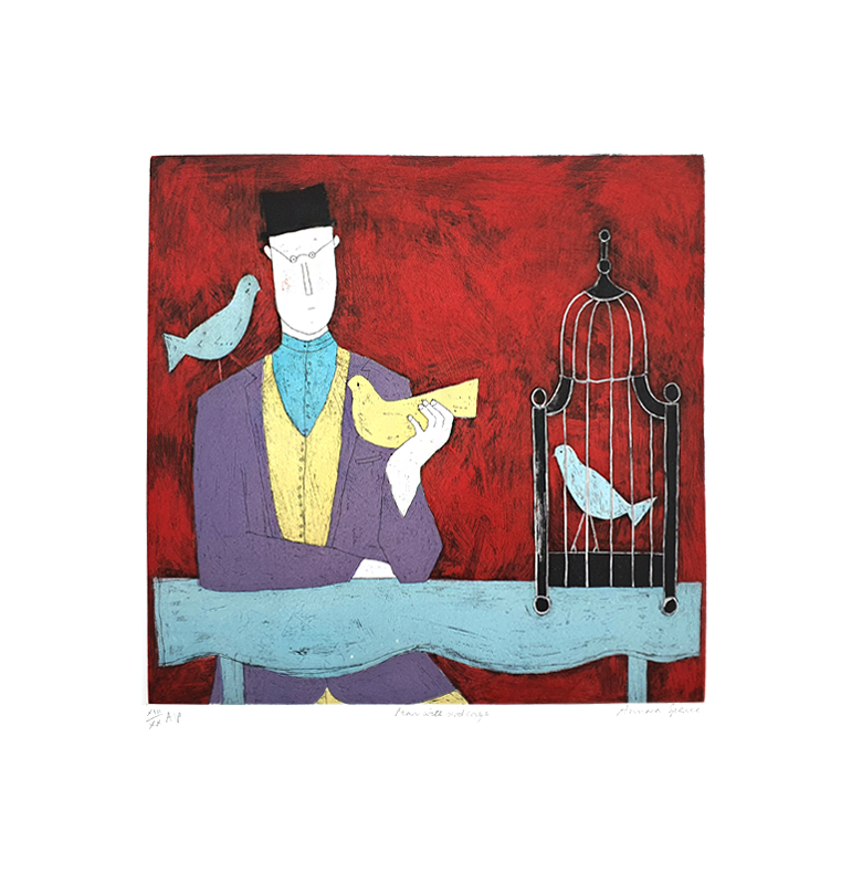 아노라 스펜스 - Man with Bird Cage, red