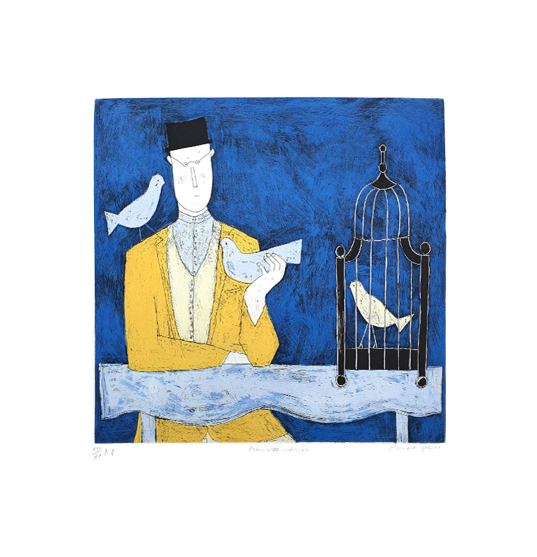 아노라 스펜스 - Man with Bird Cage, blue