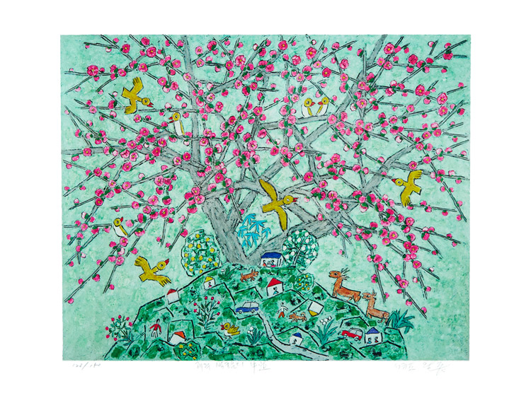 이왈종 - 제주생활의 중도 Pink flower bird