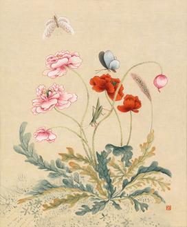 심사정 (초충도_양귀비와 나비, 방아깨비)