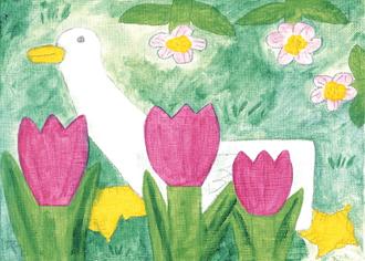 오리와 분홍 튤립