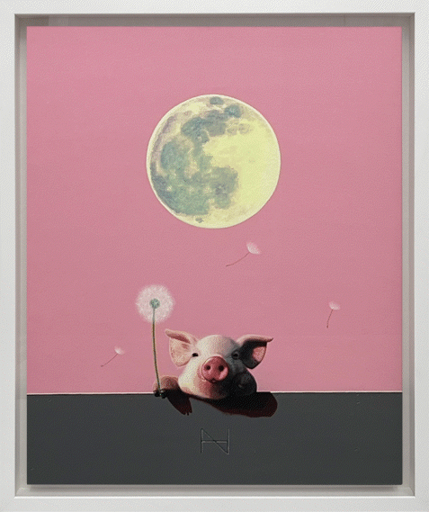 Olivia over the Wall (Full Moon, Pink Sky)