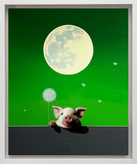 Olivia over the Wall (Full Moon, Green Sky, Dark Gray Wall)