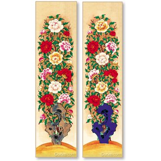 괴석모란도 2폭 세트